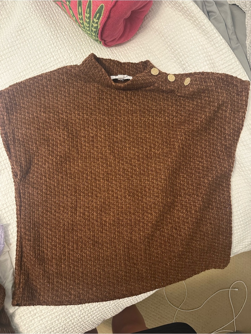 THML Chestnut Brown Knit Sweater Top with Gold Shoulder Detail